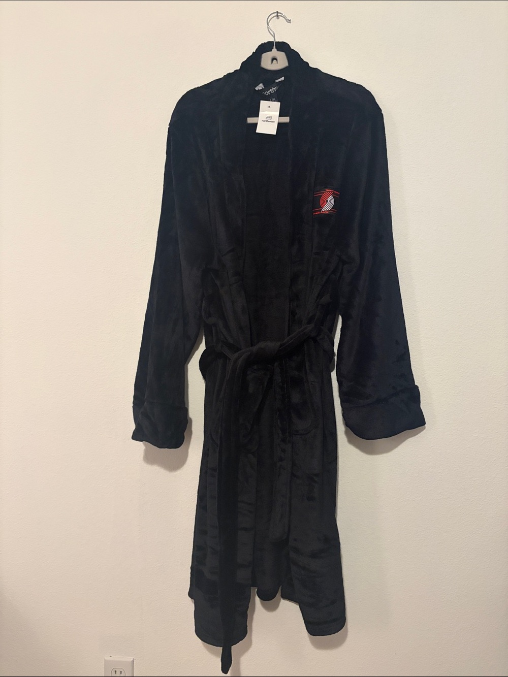 Northwest Plush Black Men's Bathrobe with Red Chest Logo